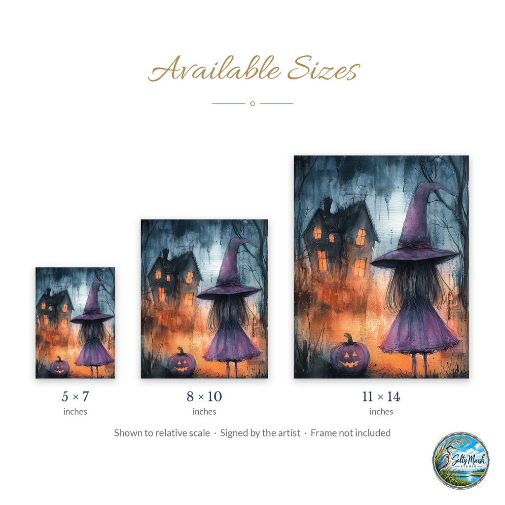 Purple Witch Girl art print size guide: 5x7, 8x10 and 11x14