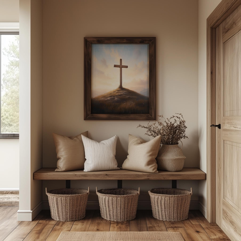 Hill Cross faith art print shown in a room setting