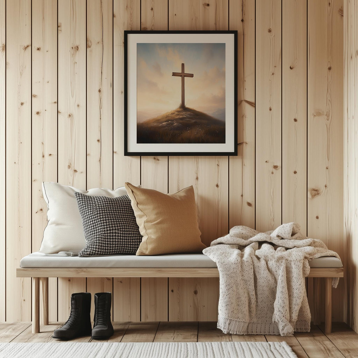 Hill Cross faith art print shown in a room setting