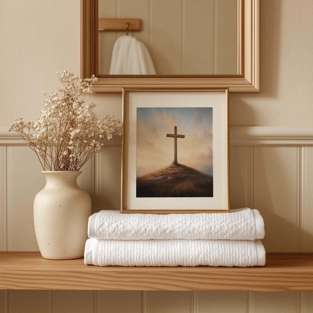 Hill Cross faith art print shown in a room setting