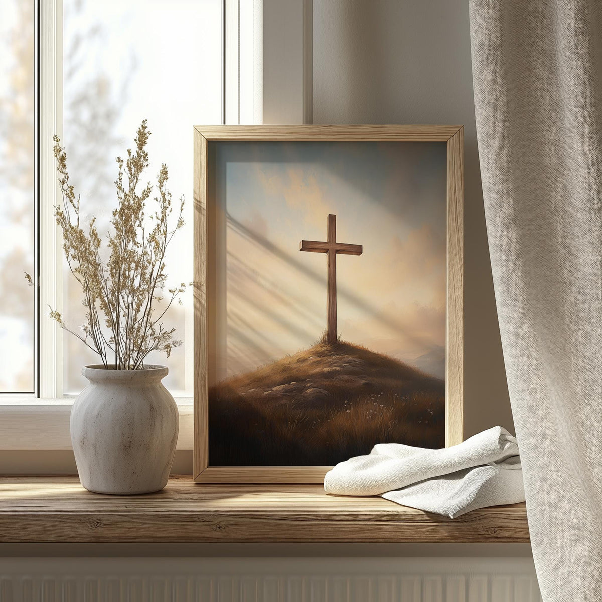 Hill Cross faith art print shown in a room setting