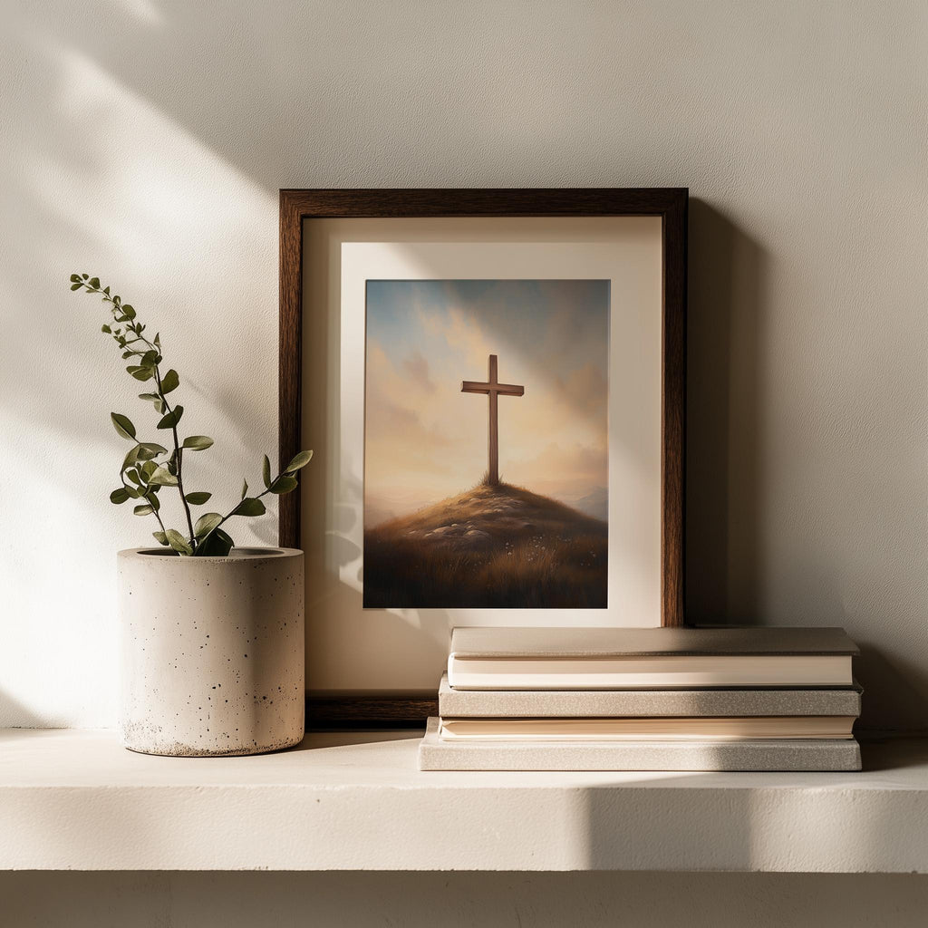 Hill Cross faith art print shown in a room setting