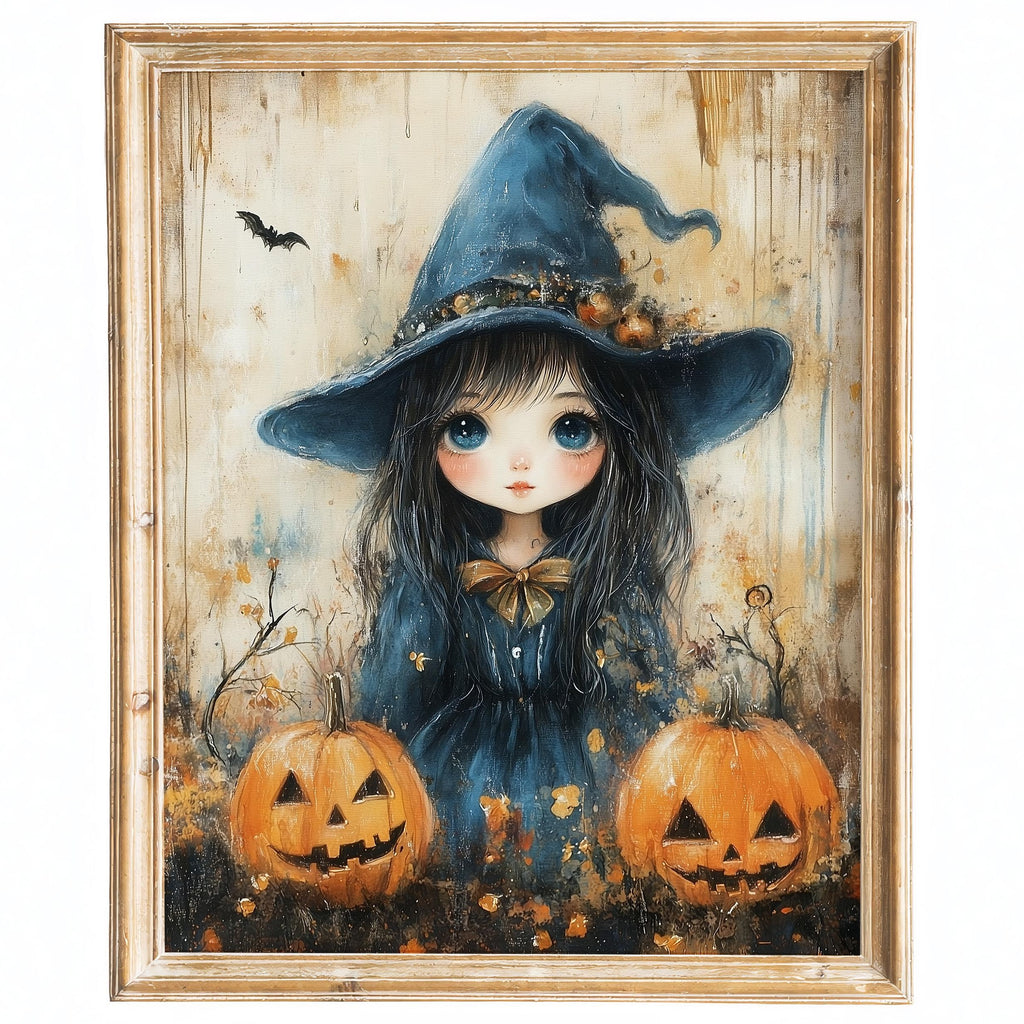 Witch Girl Pumpkins Halloween art print framed