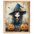 Witch Girl Pumpkins Halloween art print framed