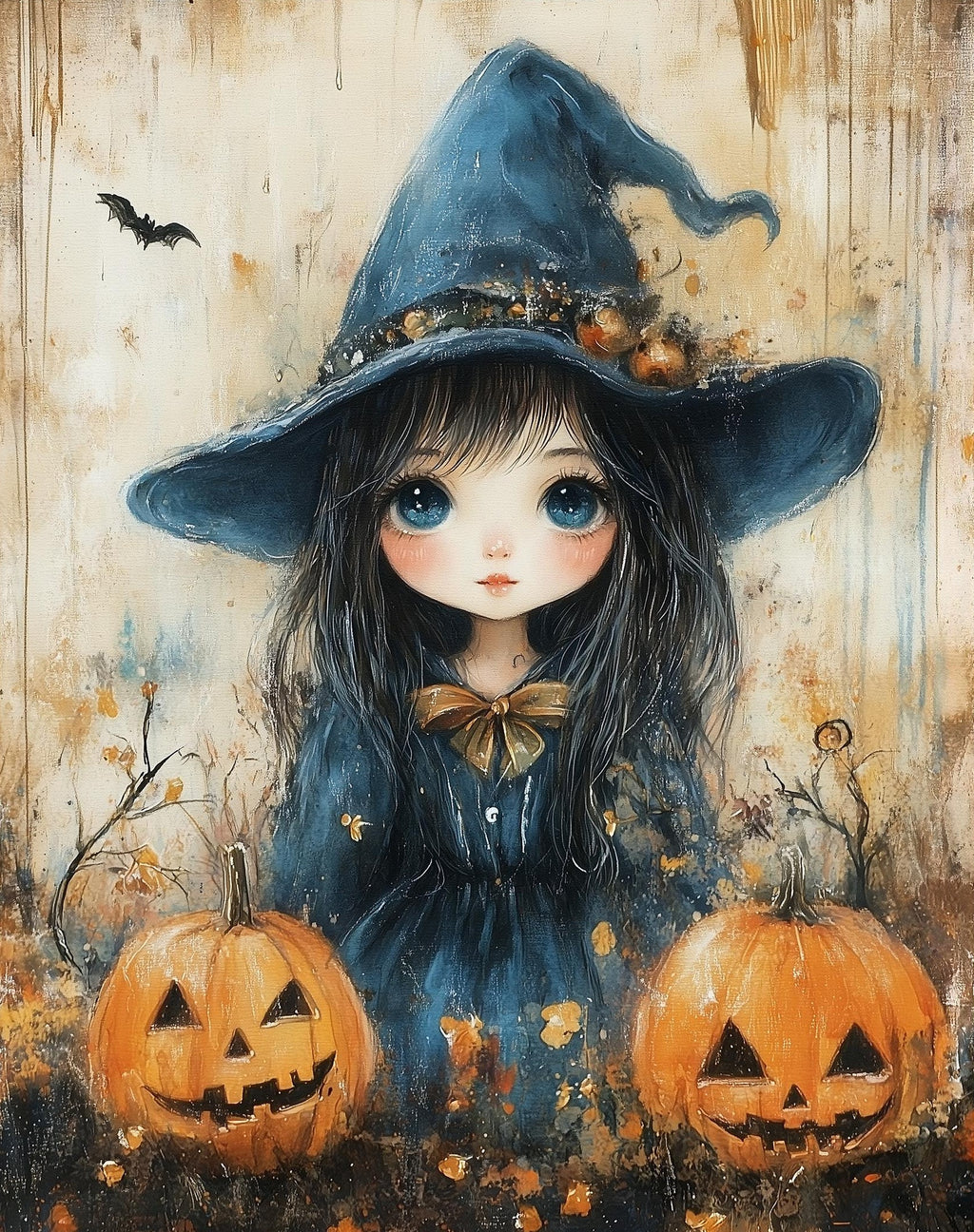 Witch Girl Pumpkins Halloween art print unframed, signed by Pattie Overcash