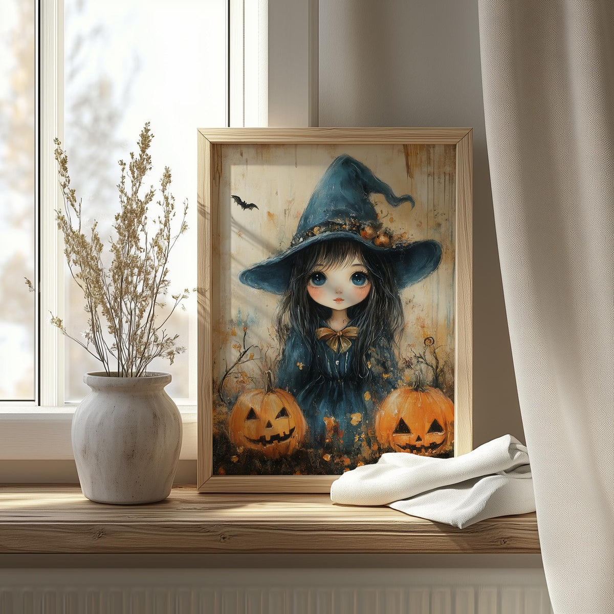 Witch Girl Pumpkins Halloween art print shown in a room setting