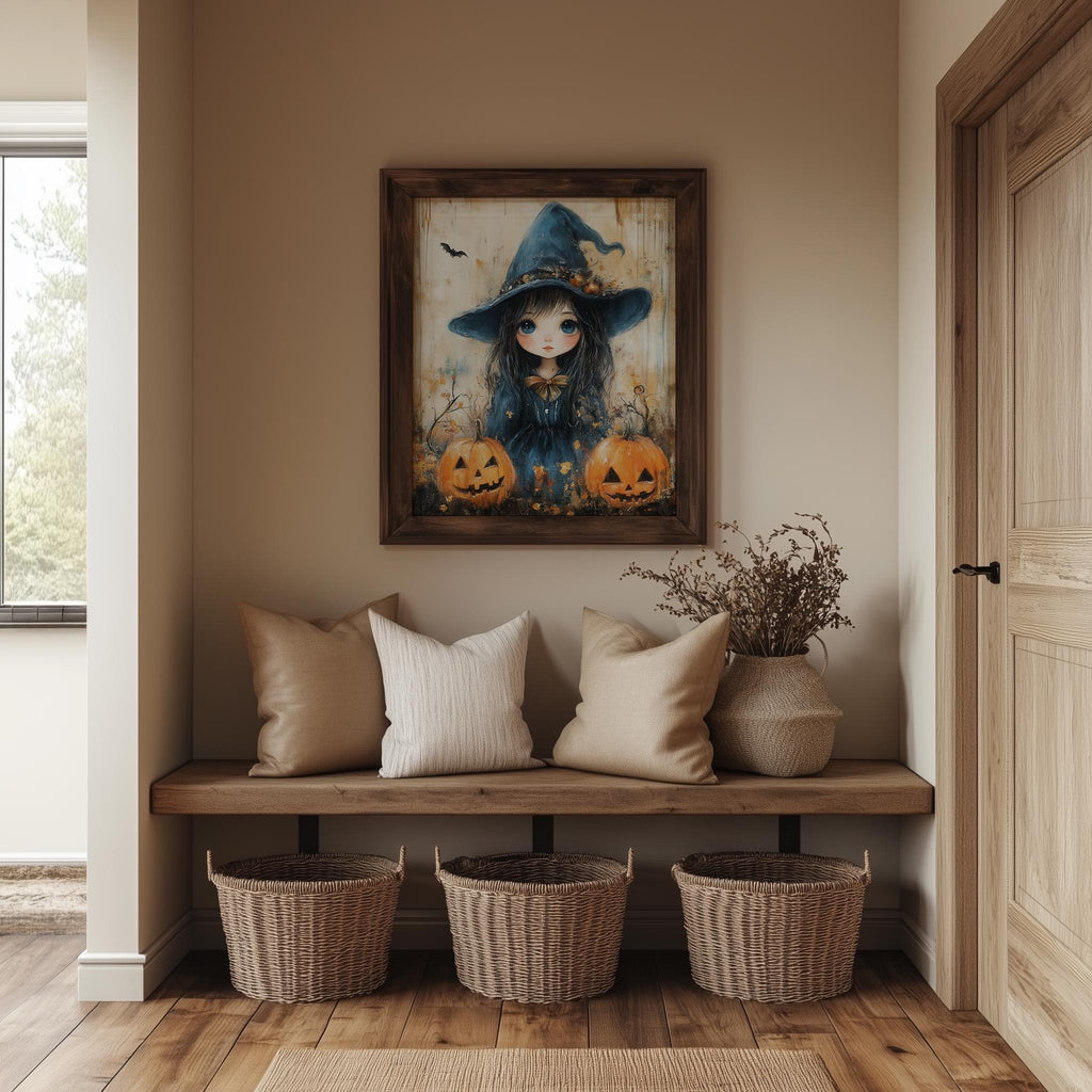 Witch Girl Pumpkins Halloween art print shown in a room setting