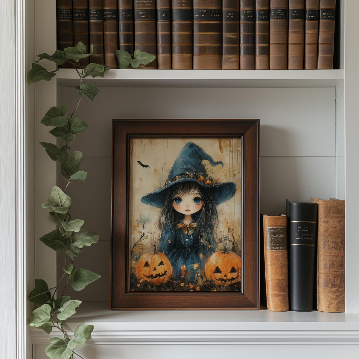 Witch Girl Pumpkins Halloween art print shown in a room setting