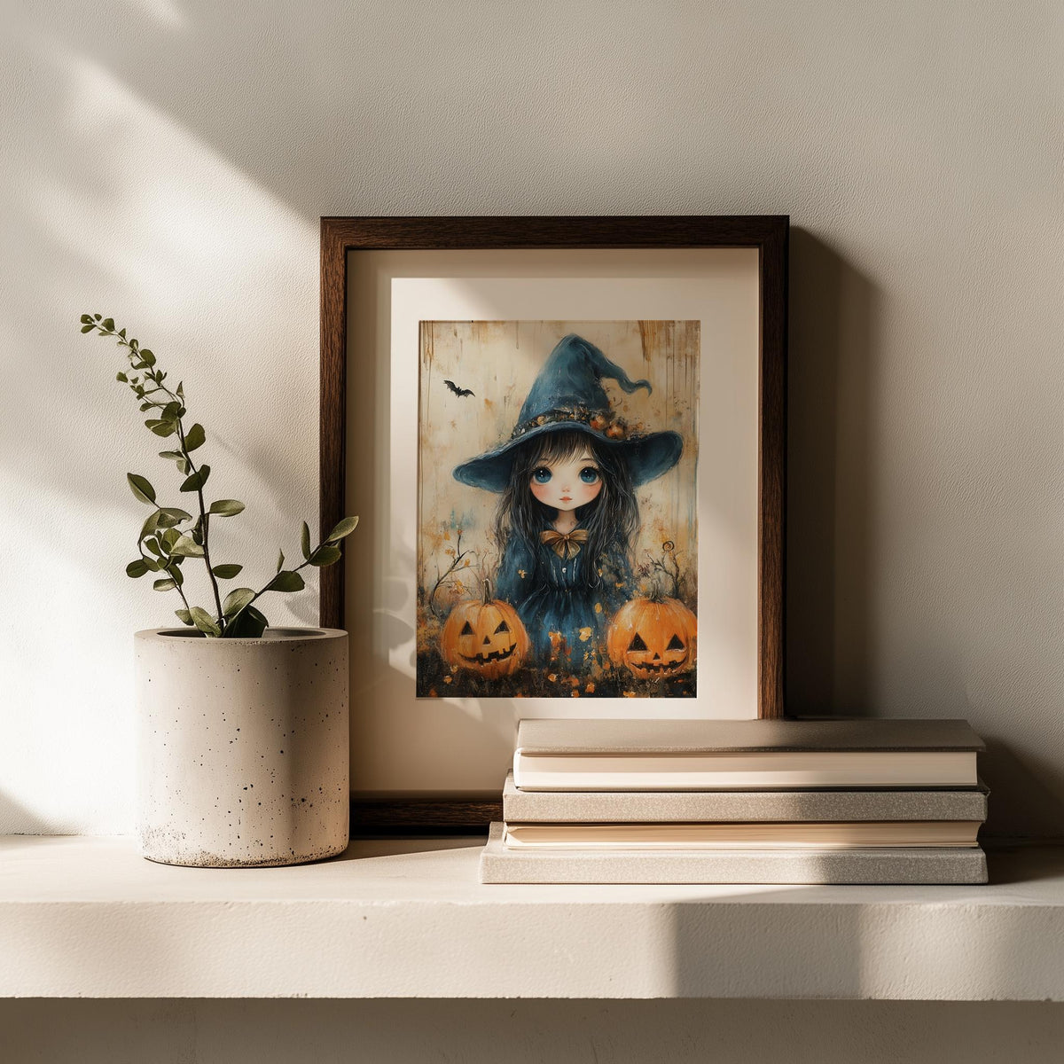 Witch Girl Pumpkins Halloween art print shown in a room setting