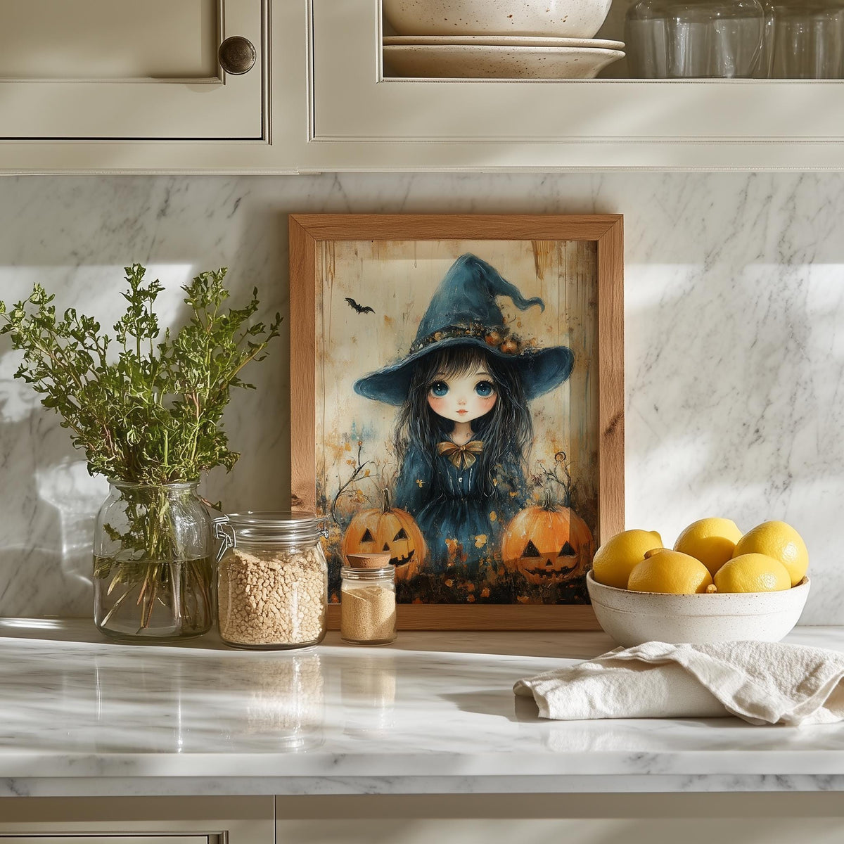 Witch Girl Pumpkins Halloween art print shown in a room setting
