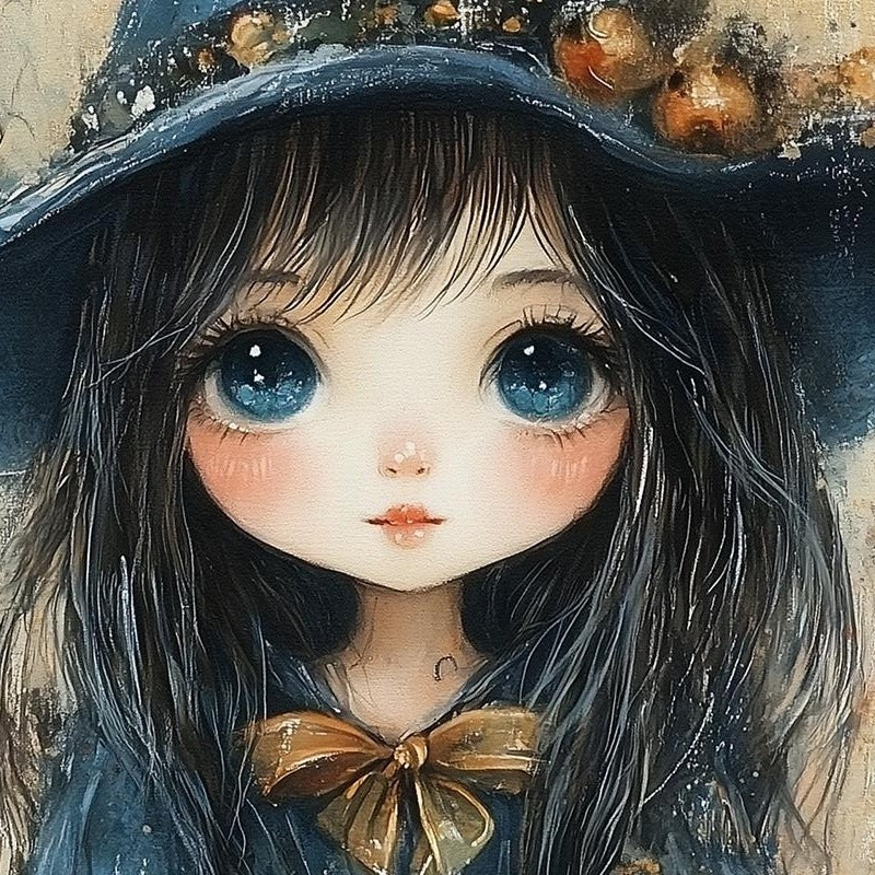 Witch Girl Pumpkins Halloween art print close-up detail