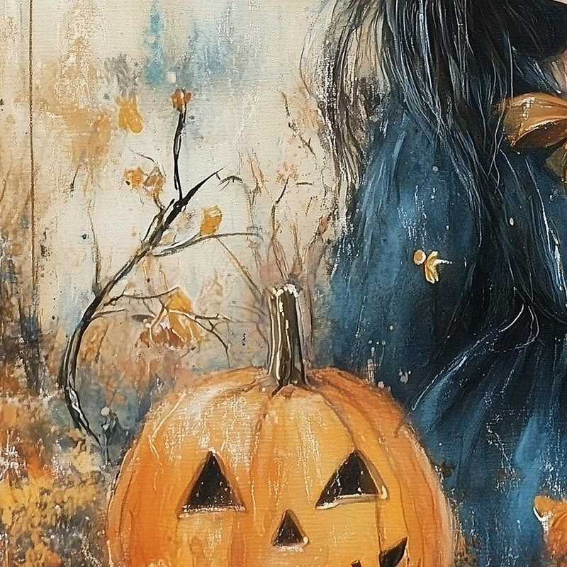 Witch Girl Pumpkins Halloween art print close-up detail