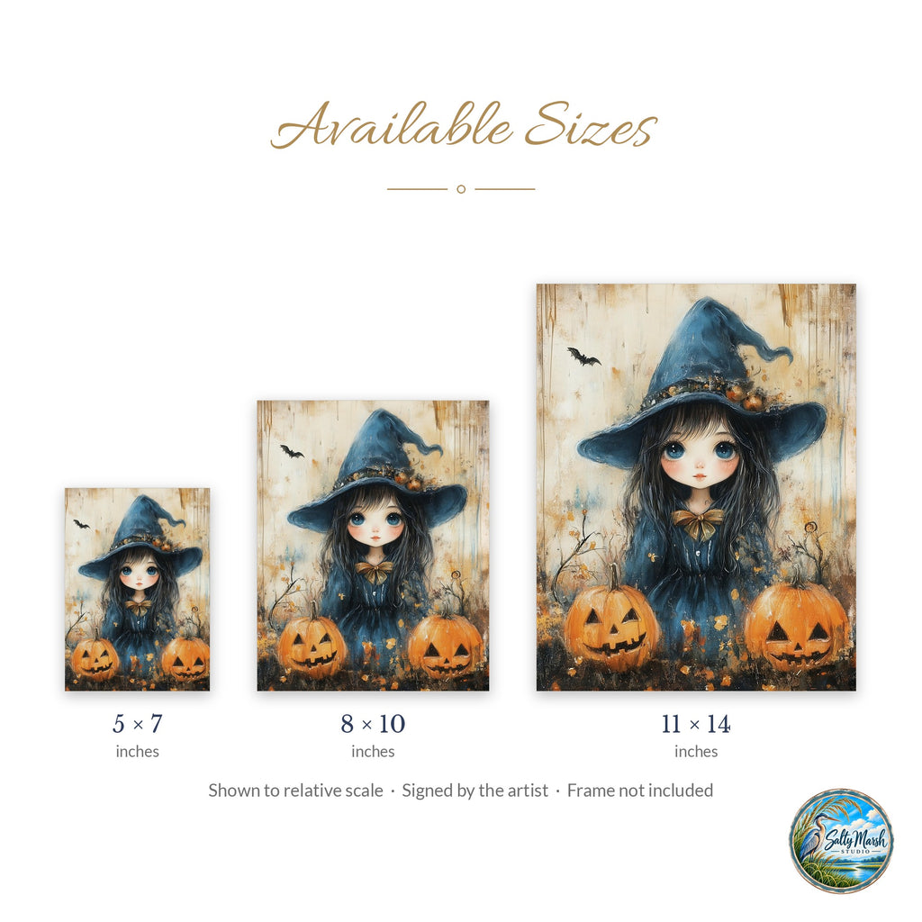 Witch Girl Pumpkins art print size guide: 5x7, 8x10 and 11x14