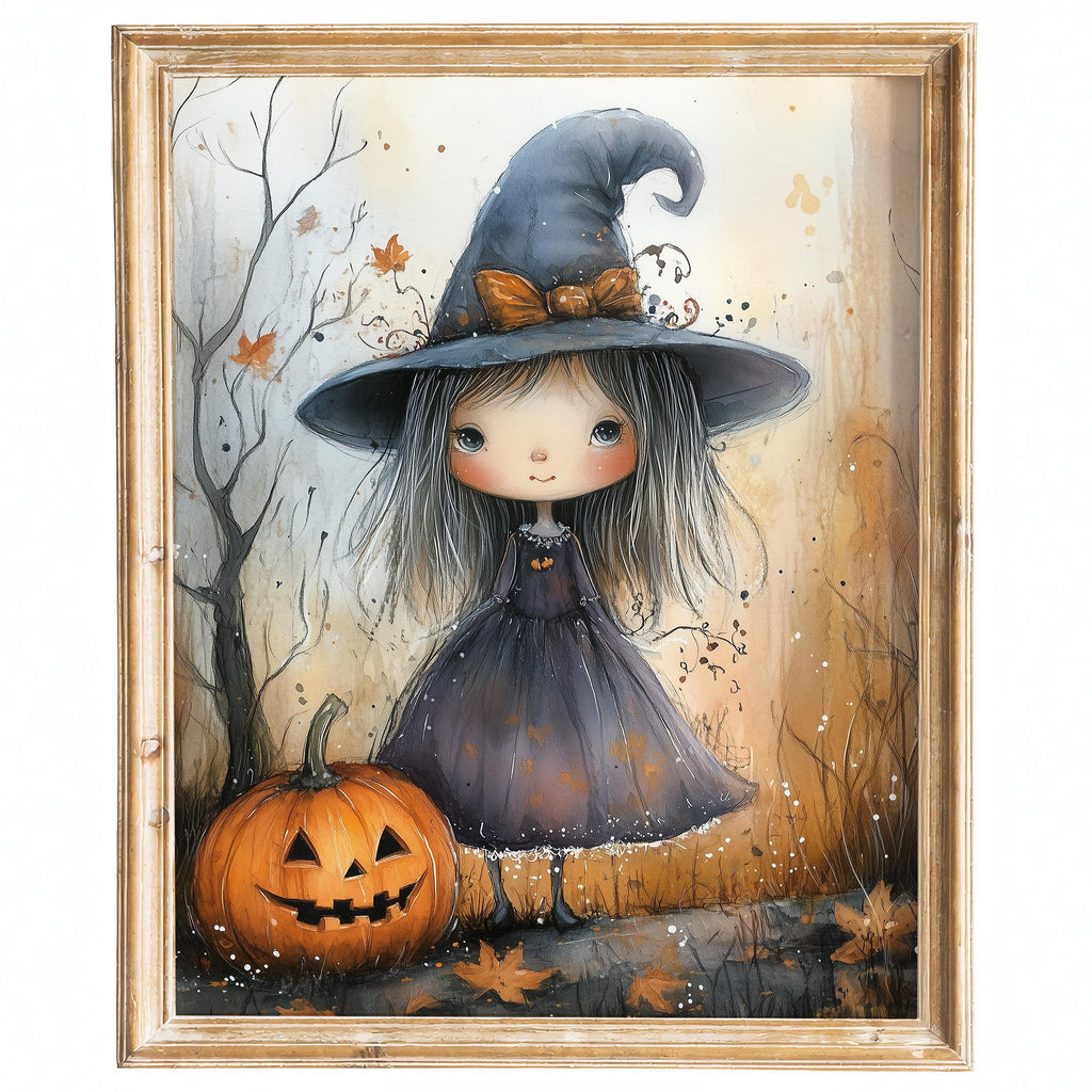 Witch Girl Watercolor Halloween art print framed