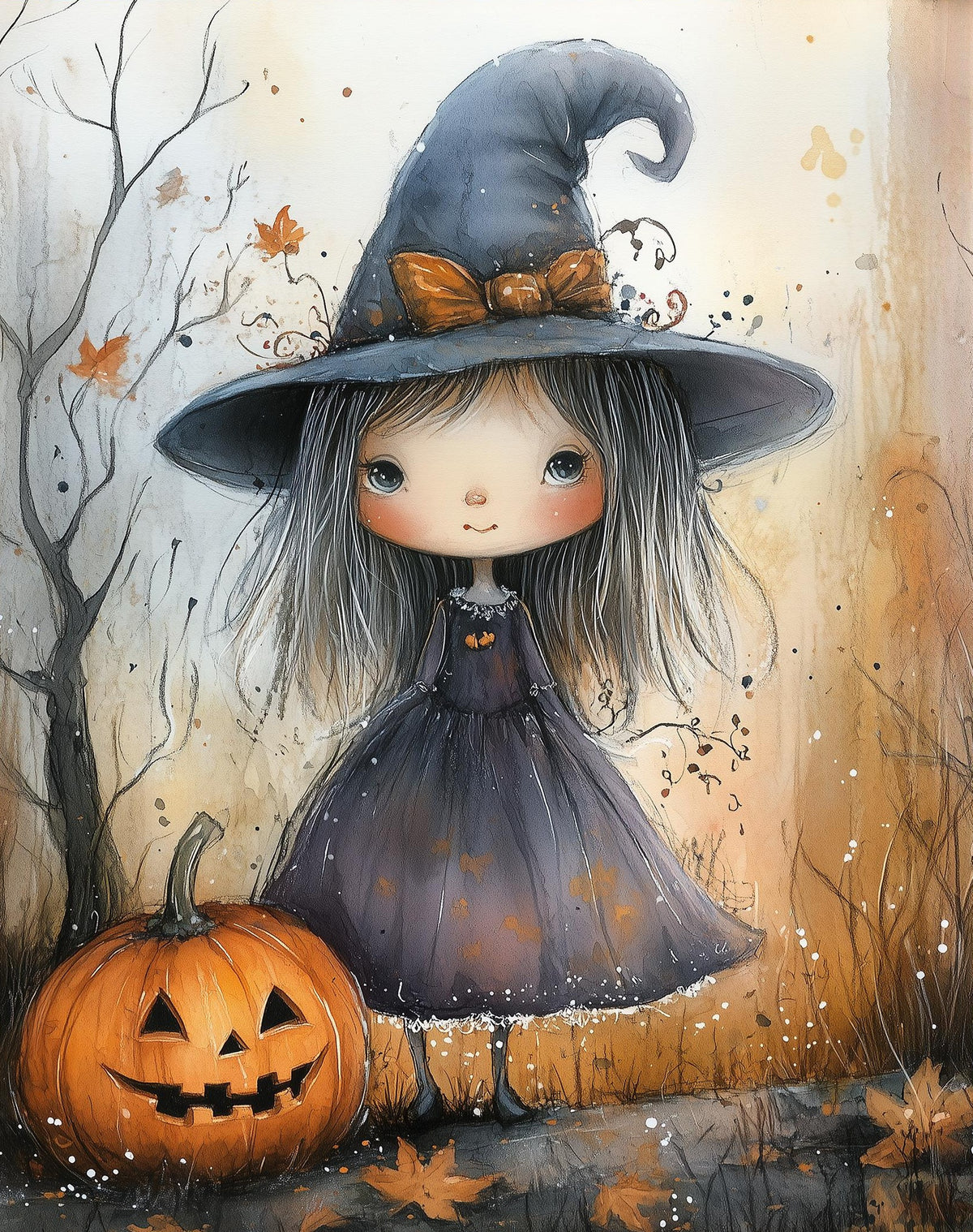 Witch Girl Watercolor Halloween art print unframed, signed by Pattie Overcash