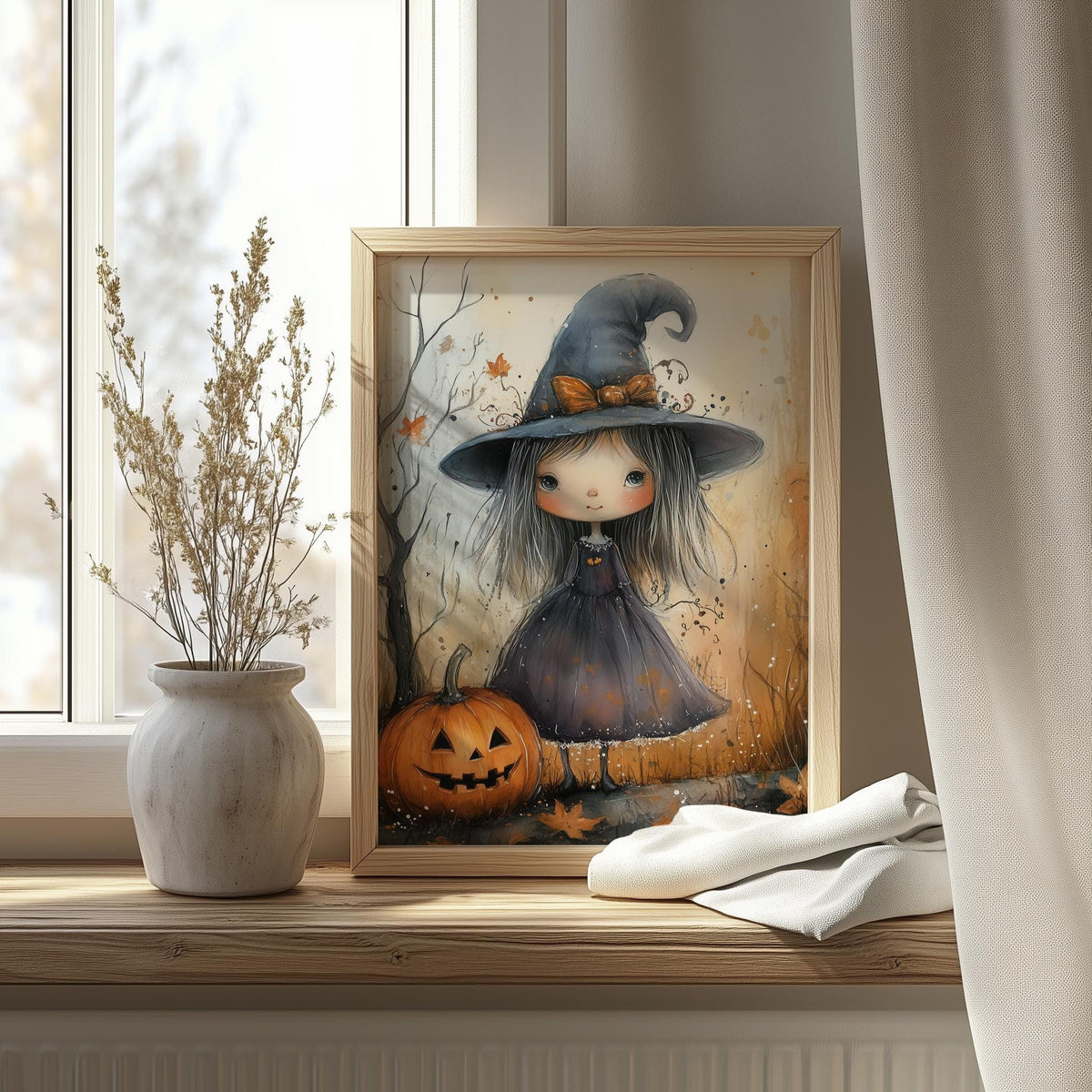 Witch Girl Watercolor Halloween art print shown in a room setting