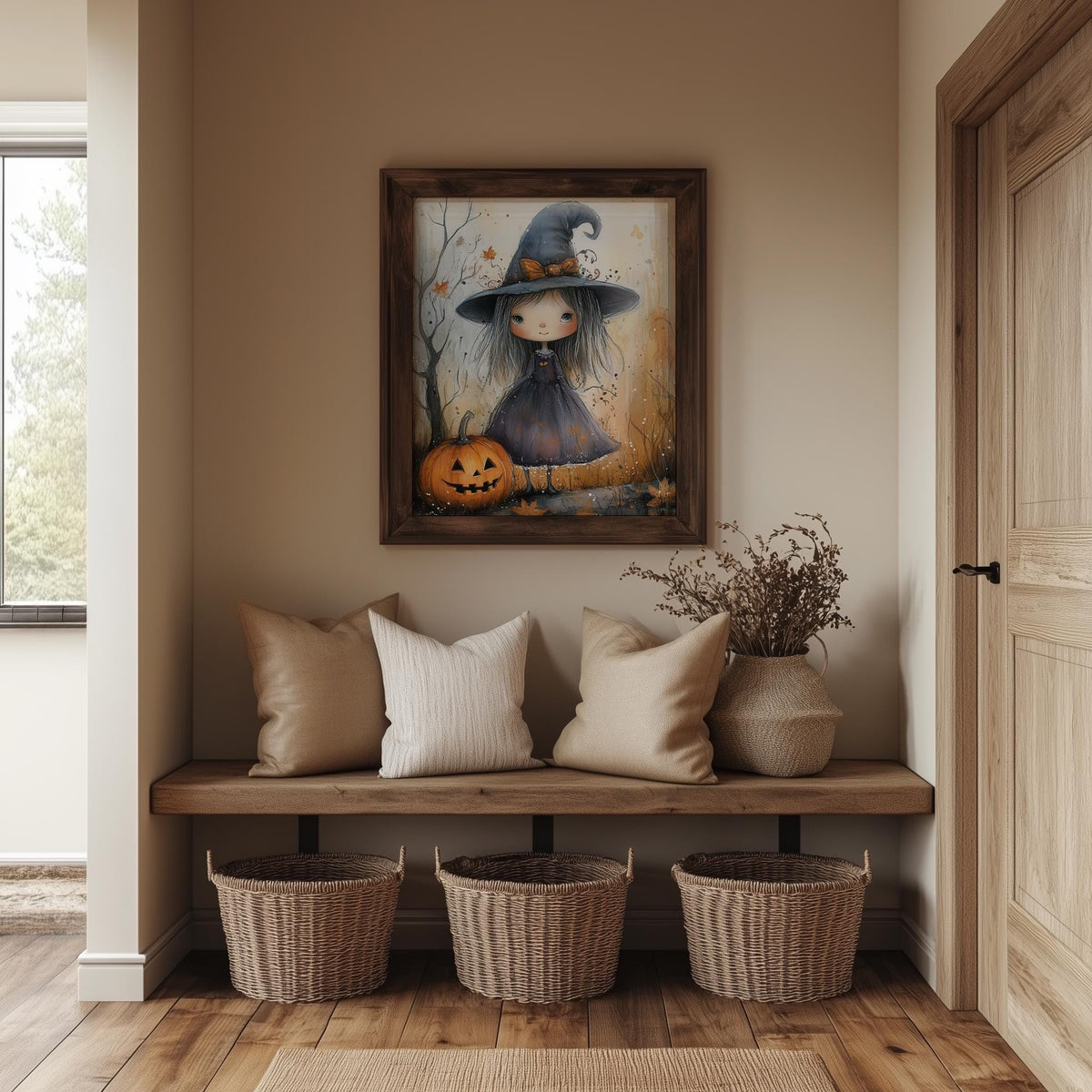 Witch Girl Watercolor Halloween art print shown in a room setting