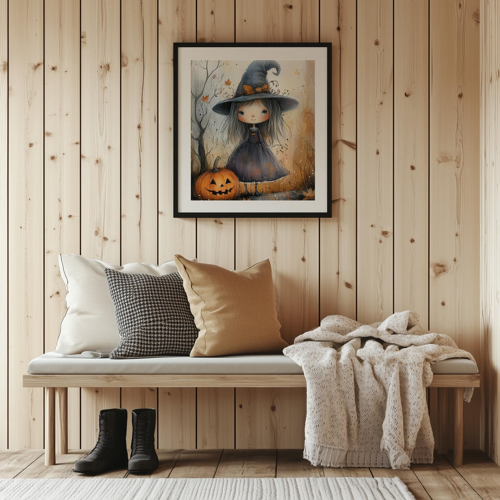 Witch Girl Watercolor Halloween art print shown in a room setting