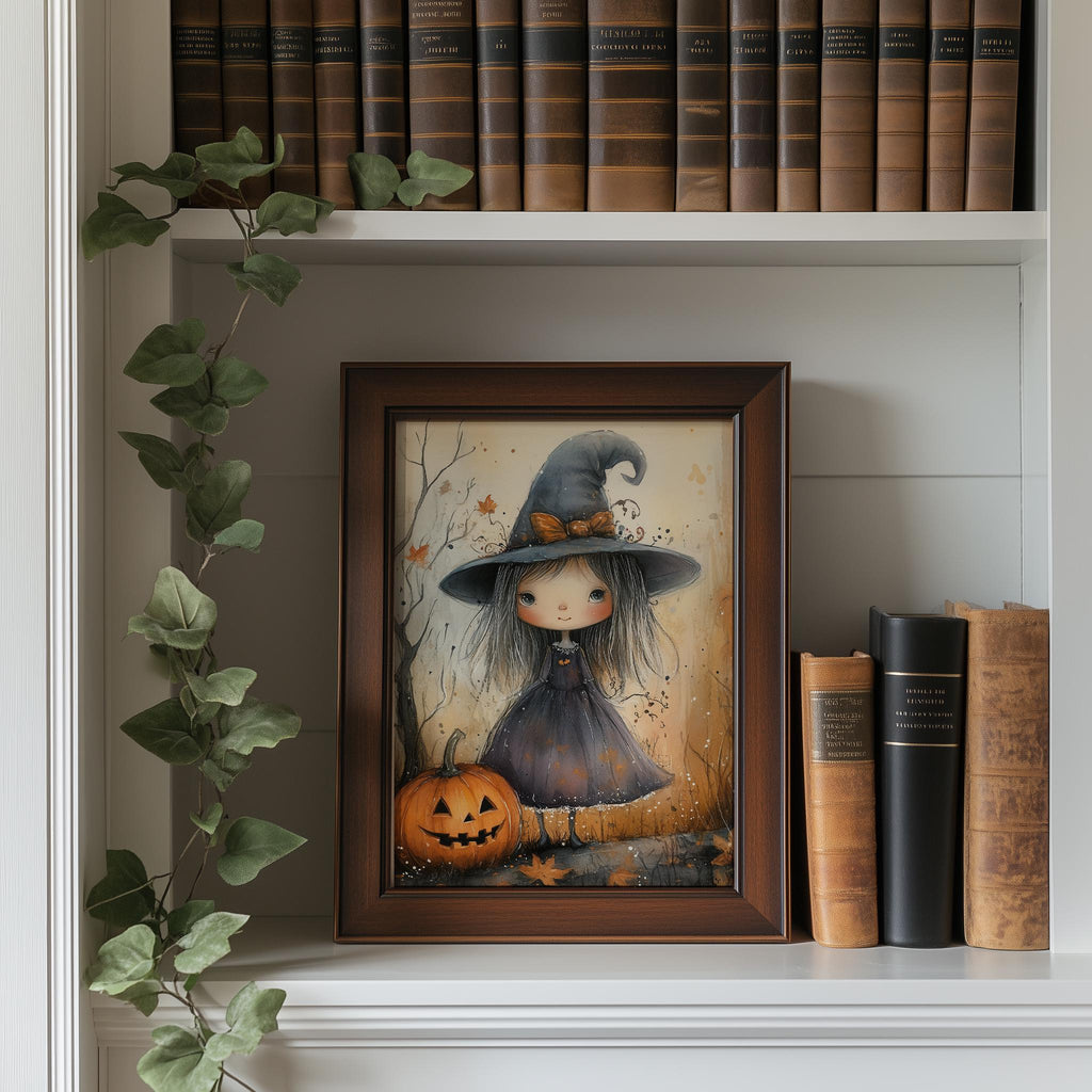 Witch Girl Watercolor Halloween art print shown in a room setting