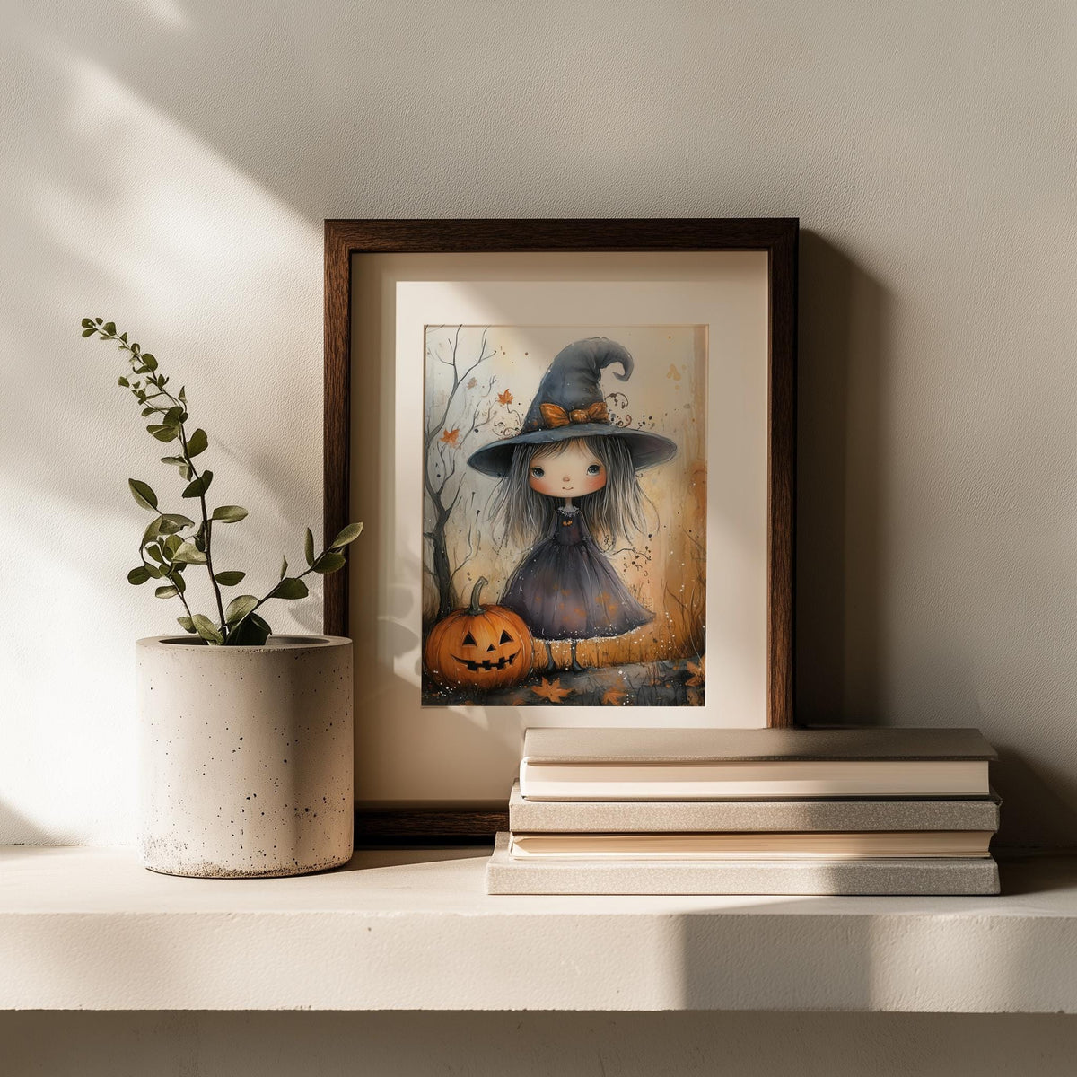 Witch Girl Watercolor Halloween art print shown in a room setting