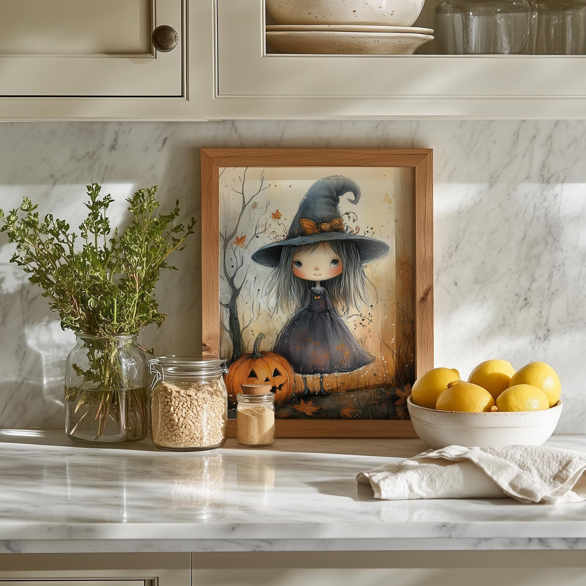 Witch Girl Watercolor Halloween art print shown in a room setting