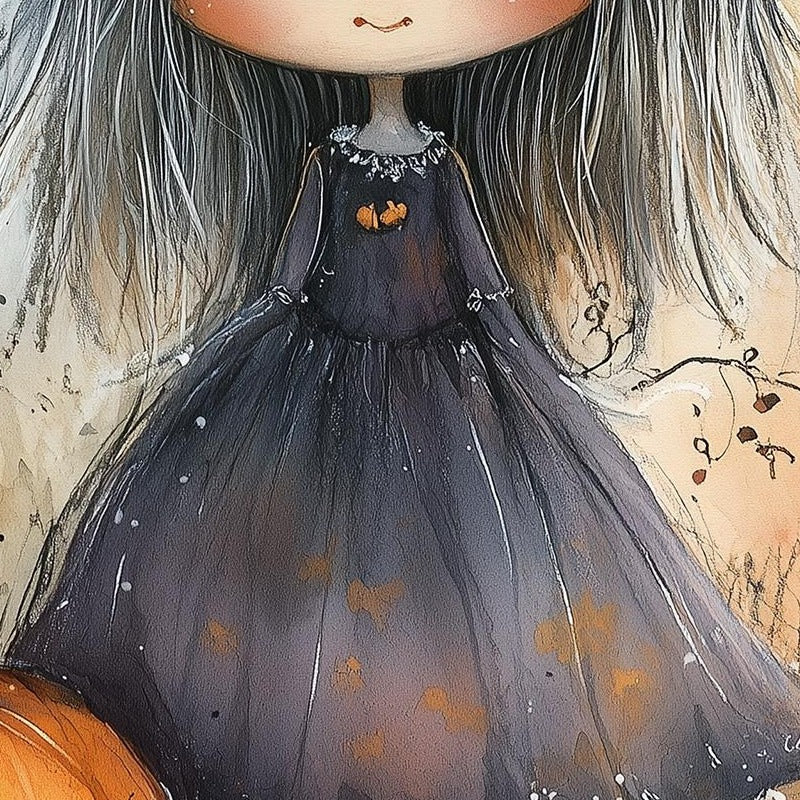 Witch Girl Watercolor Halloween art print close-up detail
