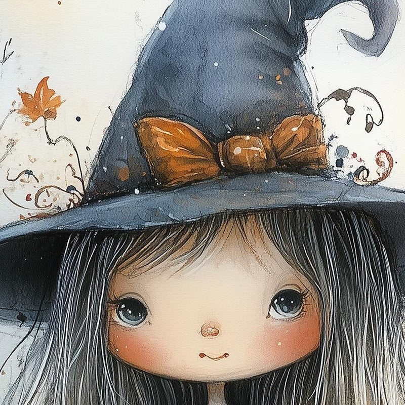Witch Girl Watercolor Halloween art print close-up detail