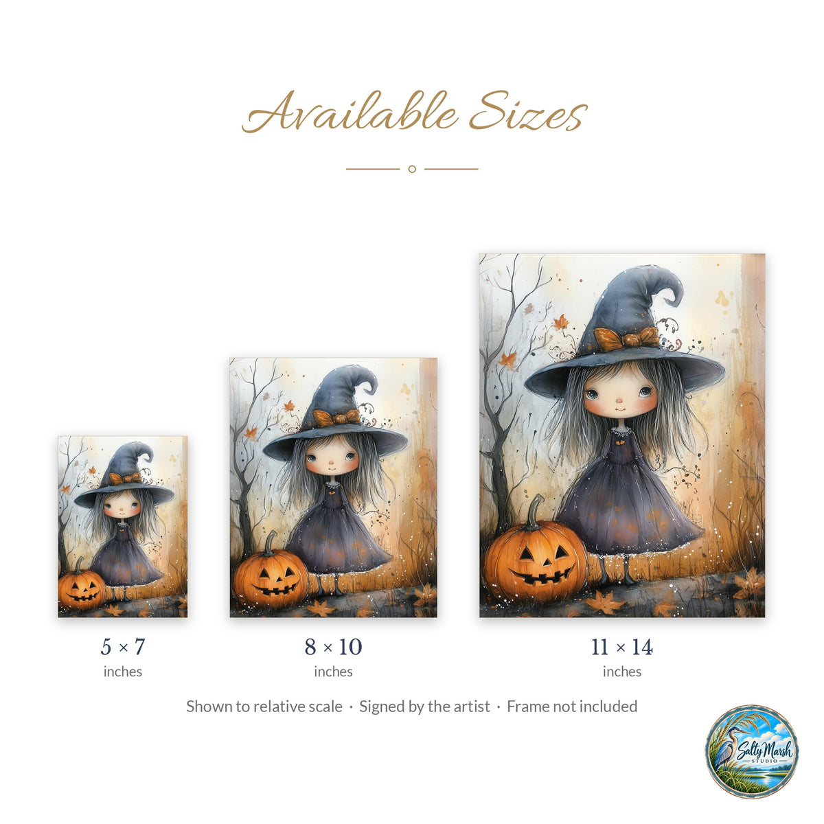 Witch Girl Watercolor art print size guide: 5x7, 8x10 and 11x14
