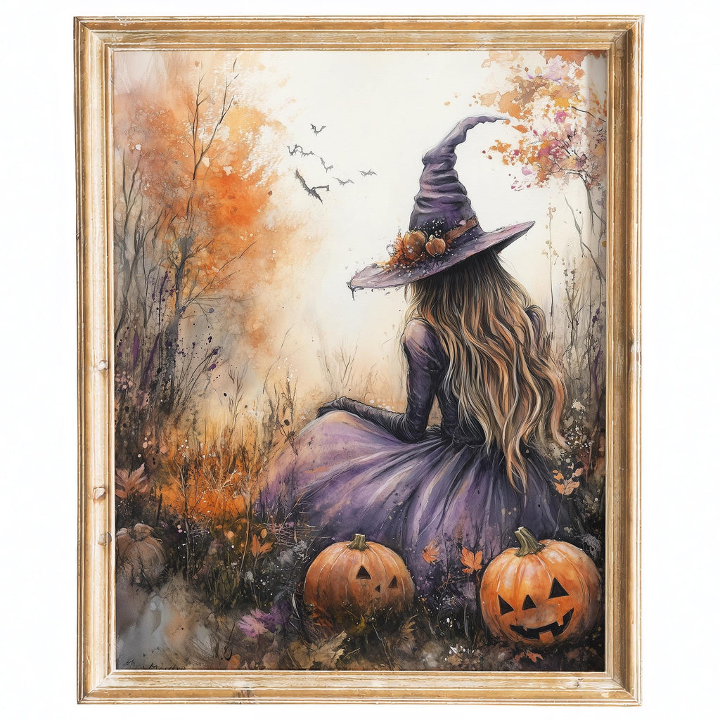 Pastel Field Witch Halloween art print framed