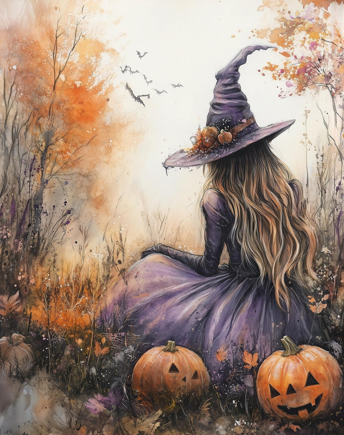 Pastel Field Witch Halloween art print unframed, signed by Pattie Overcash