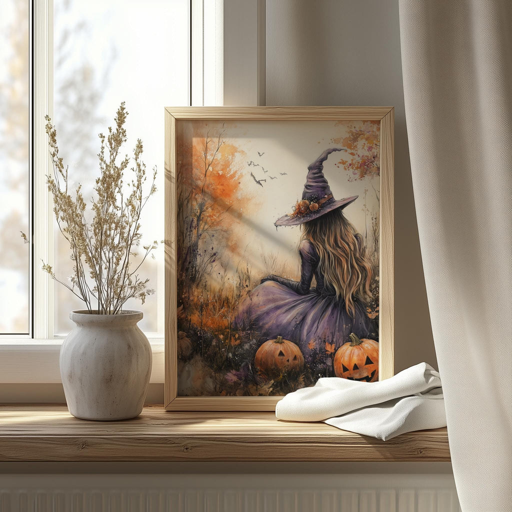 Pastel Field Witch Halloween art print shown in a room setting