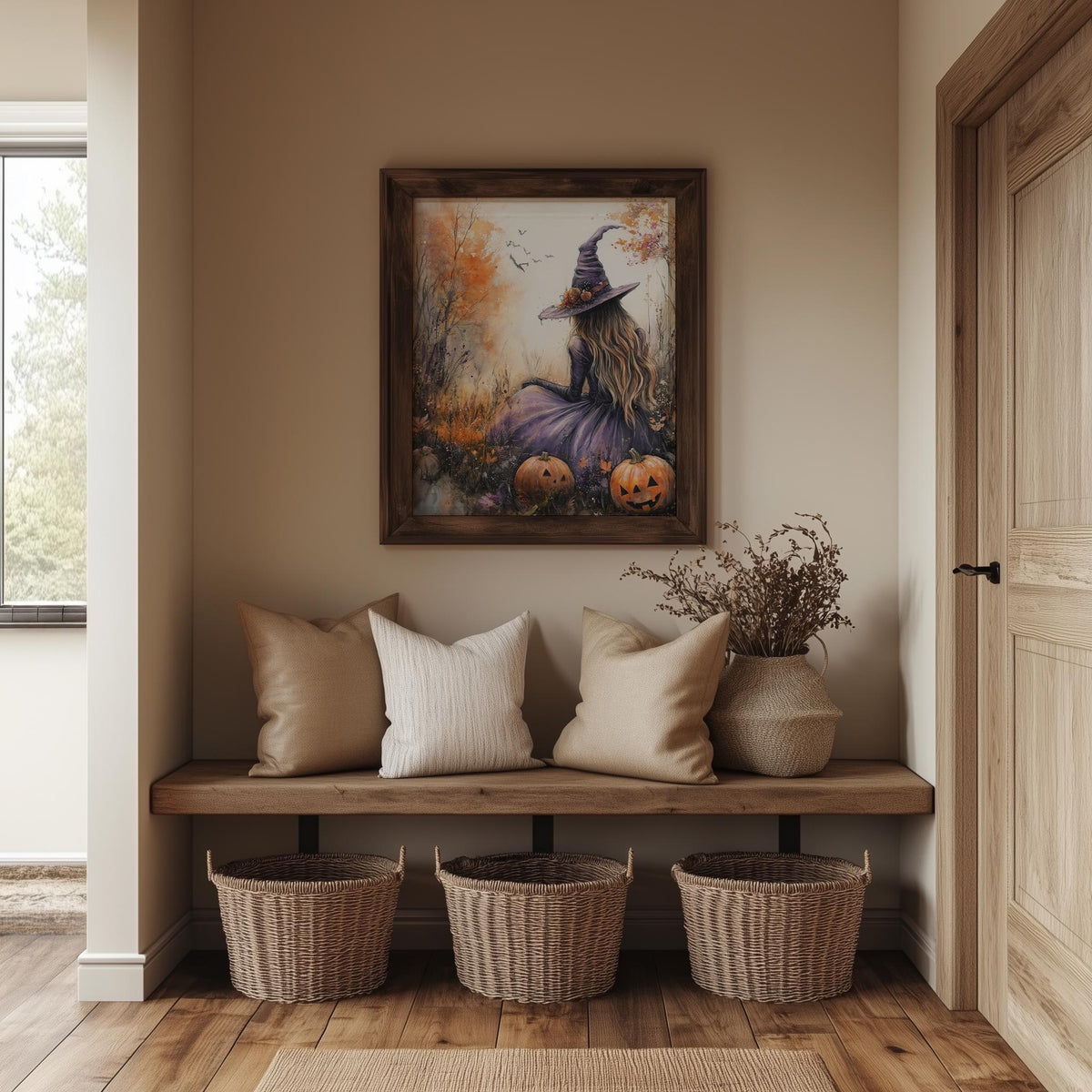 Pastel Field Witch Halloween art print shown in a room setting