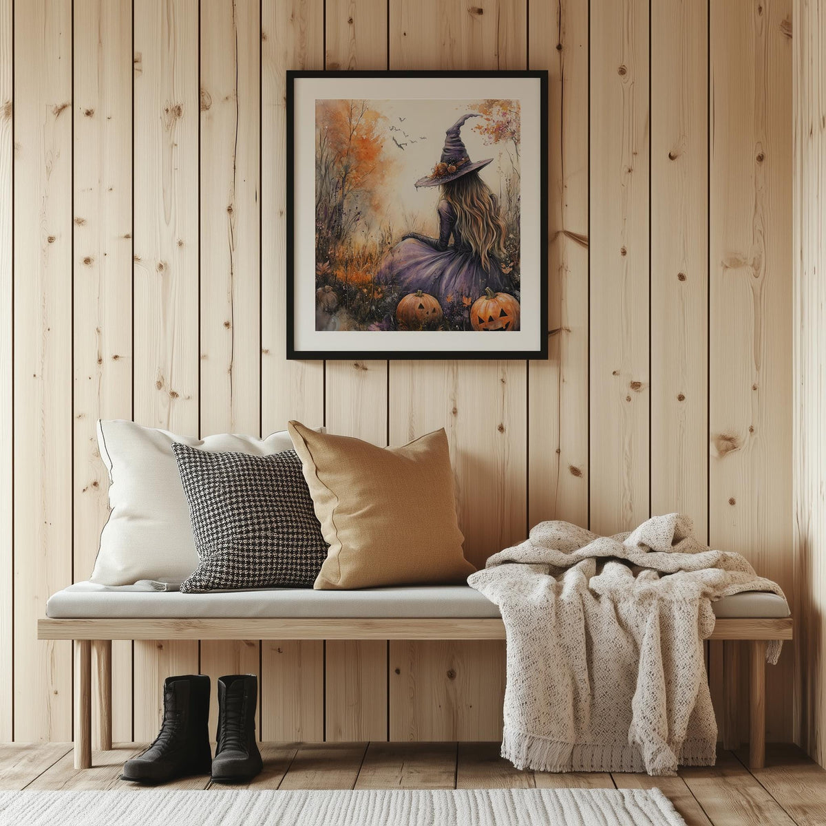 Pastel Field Witch Halloween art print shown in a room setting