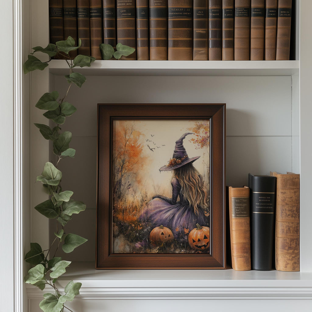 Pastel Field Witch Halloween art print shown in a room setting