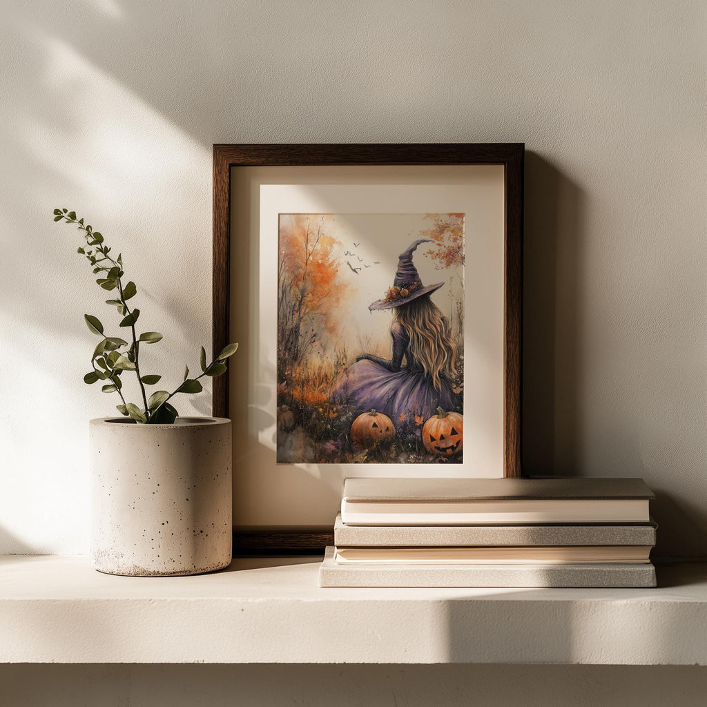 Pastel Field Witch Halloween art print shown in a room setting