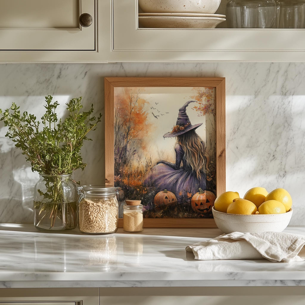 Pastel Field Witch Halloween art print shown in a room setting