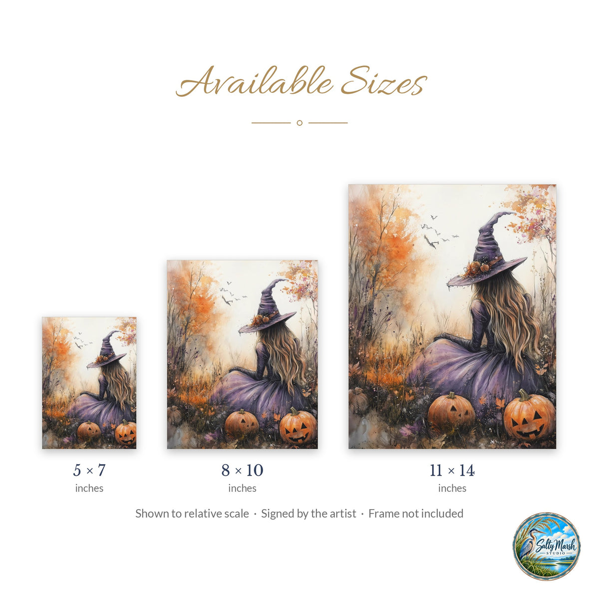 Pastel Field Witch art print size guide: 5x7, 8x10 and 11x14