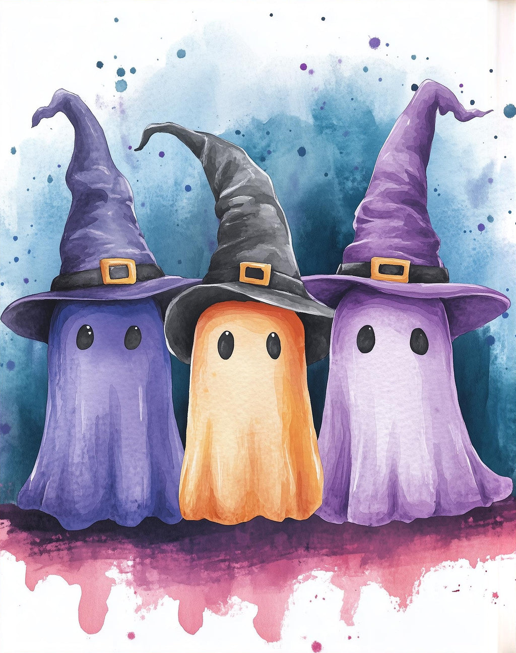 Witch Hat Ghost Trio Halloween art print unframed, signed by Pattie Overcash