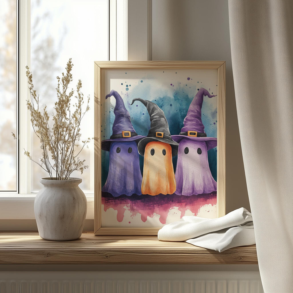 Witch Hat Ghost Trio Halloween art print shown in a room setting