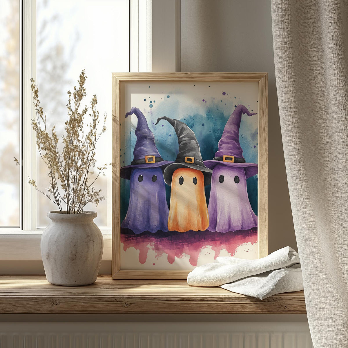 Witch Hat Ghost Trio Halloween art print shown in a room setting