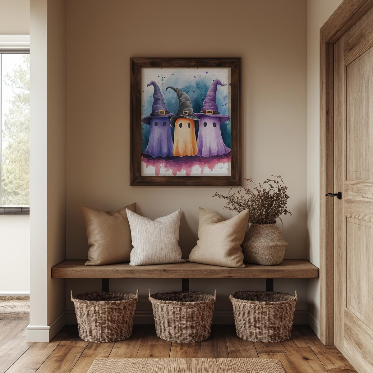 Witch Hat Ghost Trio Halloween art print shown in a room setting