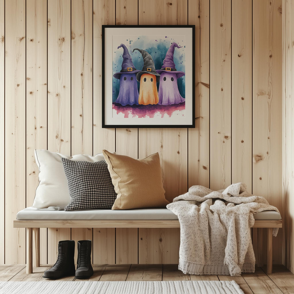 Witch Hat Ghost Trio Halloween art print shown in a room setting