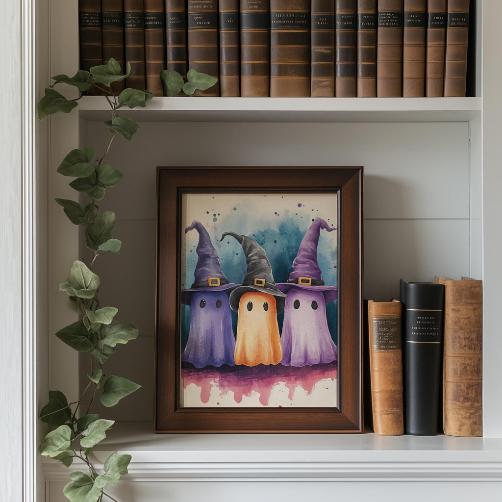 Witch Hat Ghost Trio Halloween art print shown in a room setting
