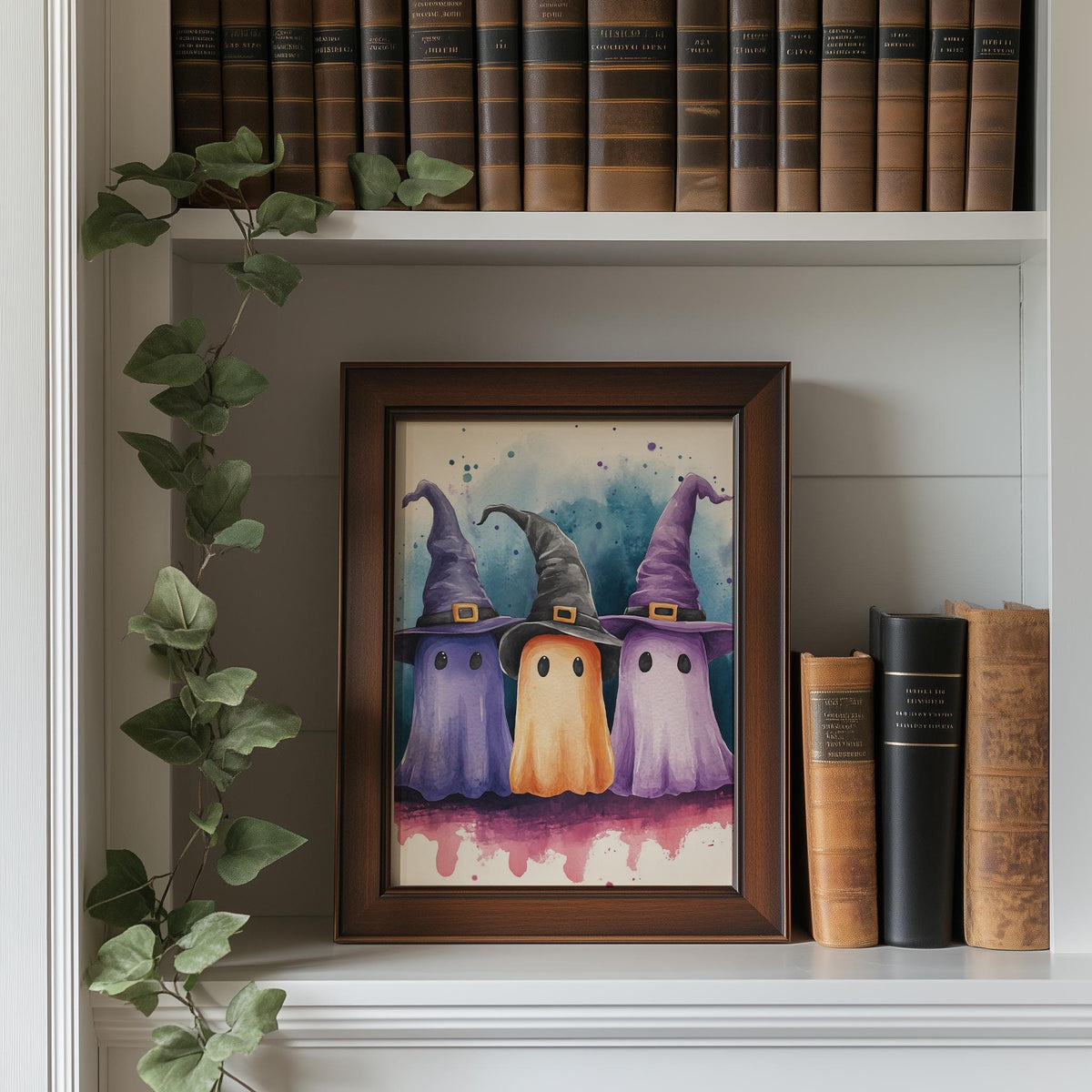 Witch Hat Ghost Trio Halloween art print shown in a room setting