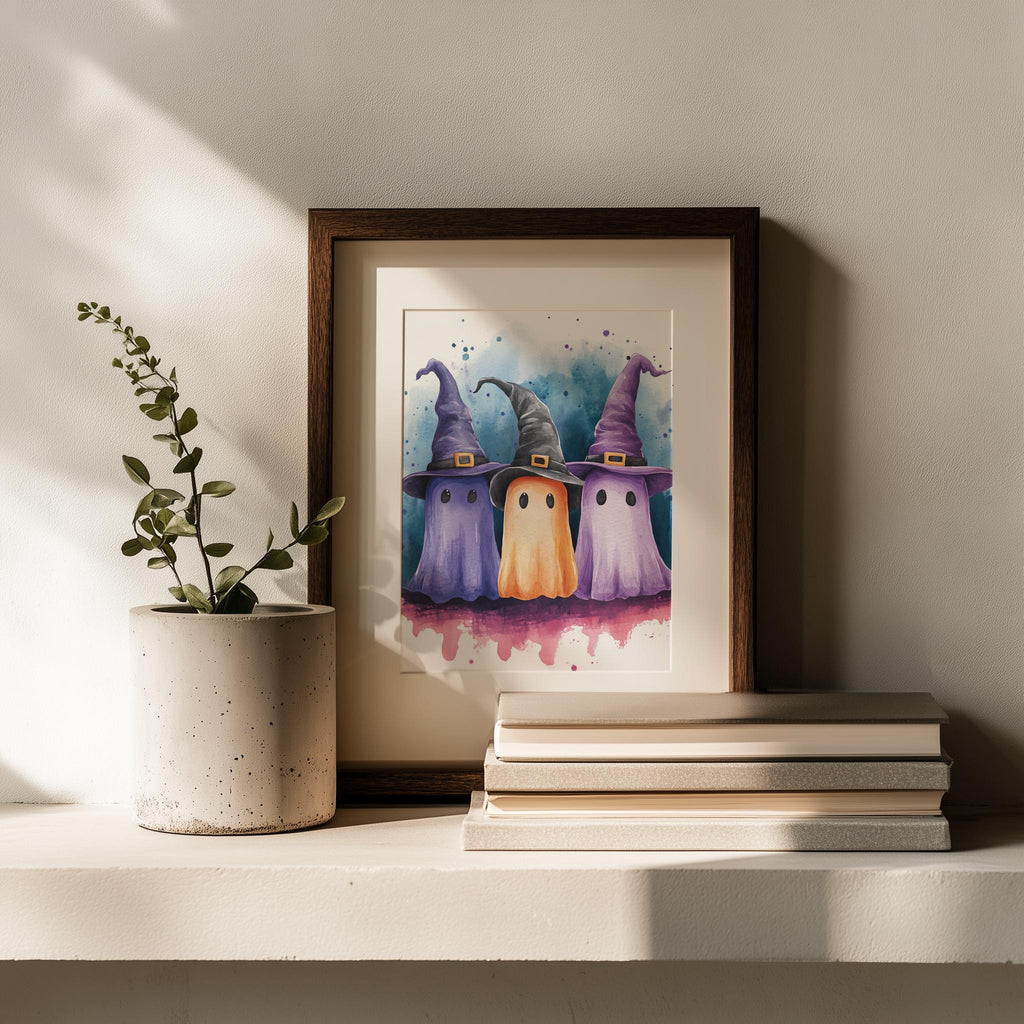 Witch Hat Ghost Trio Halloween art print shown in a room setting