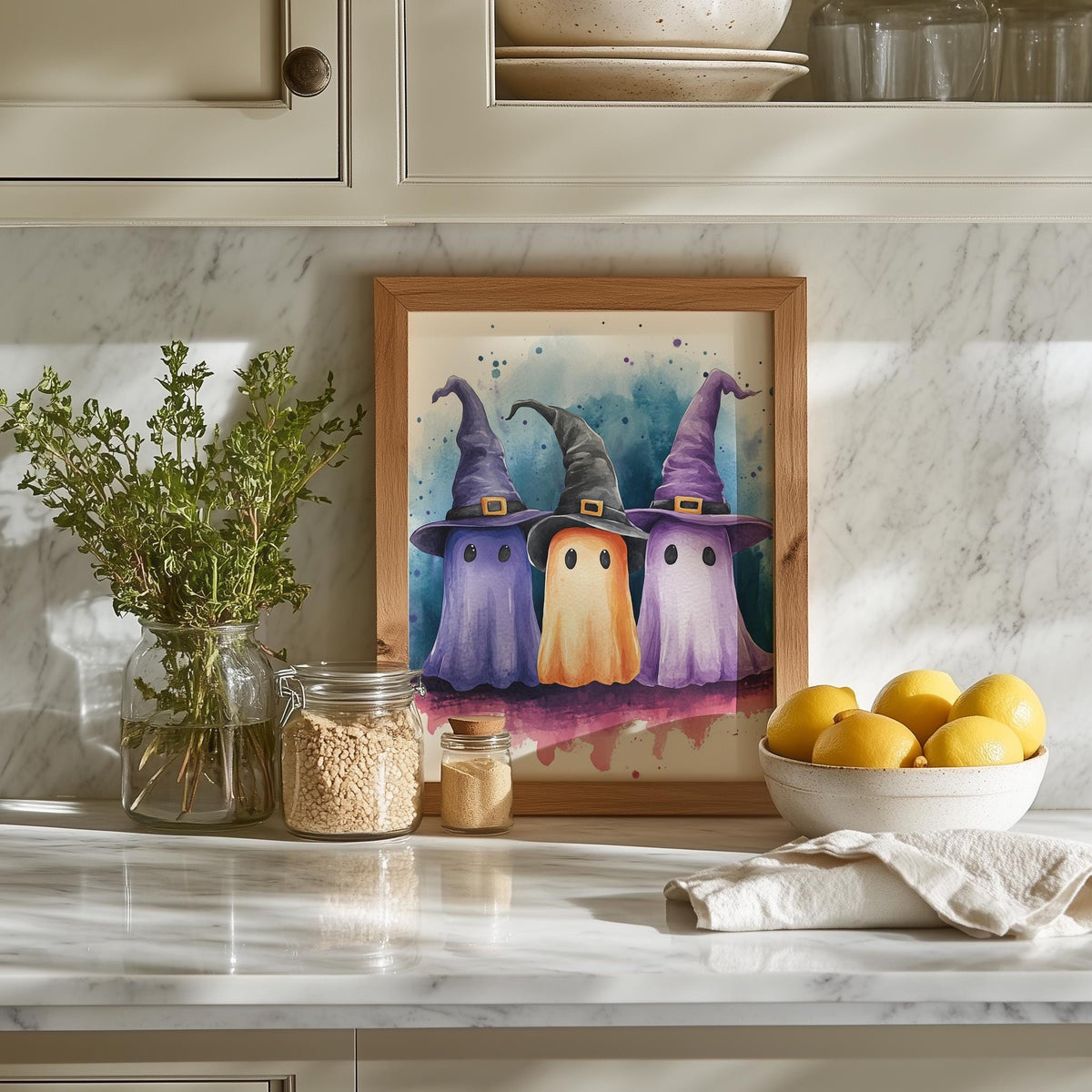 Witch Hat Ghost Trio Halloween art print shown in a room setting