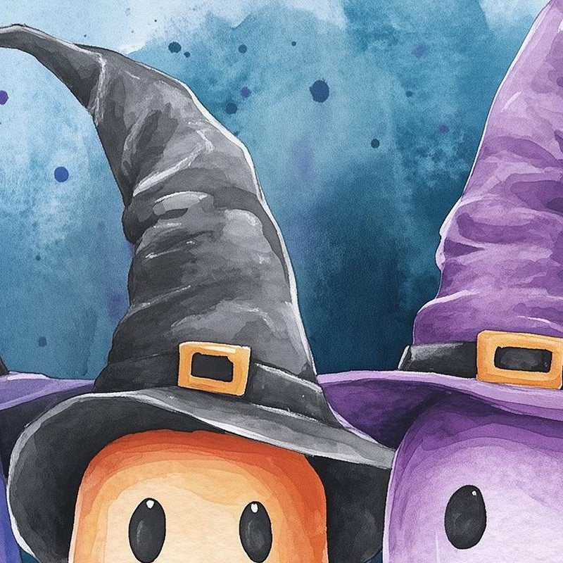 Witch Hat Ghost Trio Halloween art print close-up detail