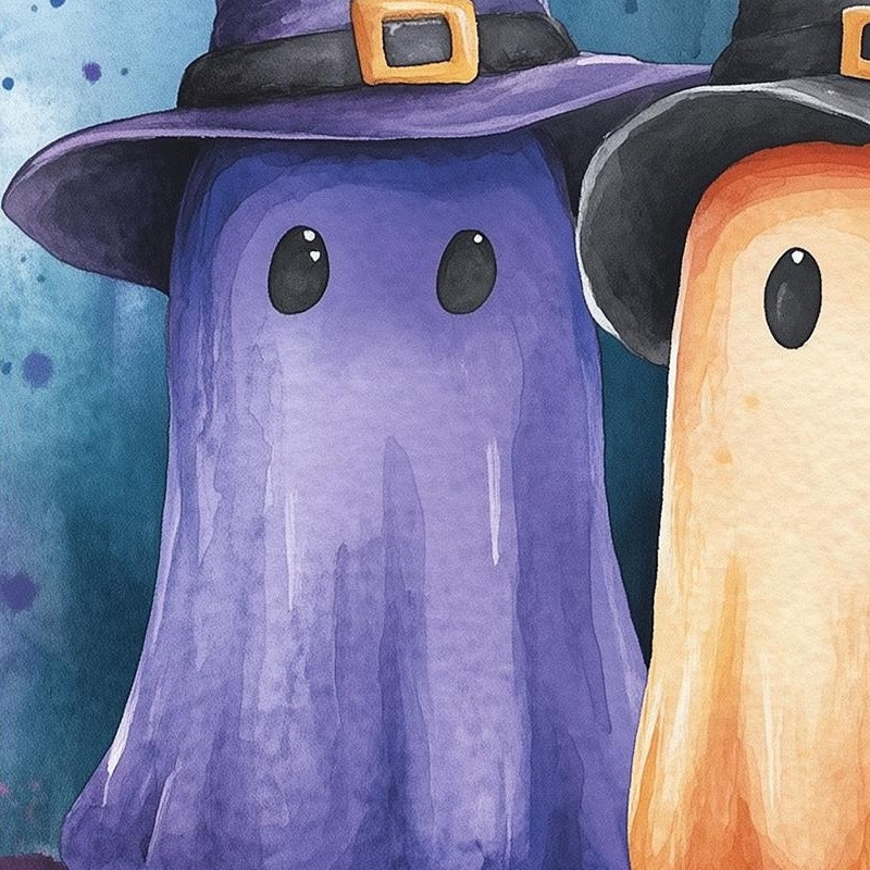 Witch Hat Ghost Trio Halloween art print close-up detail