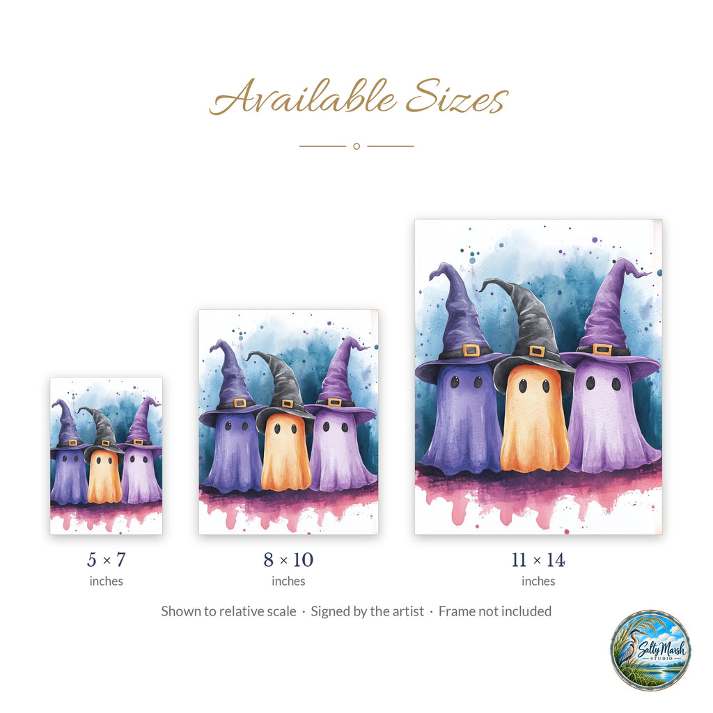 Witch Hat Ghost Trio art print size guide: 5x7, 8x10 and 11x14