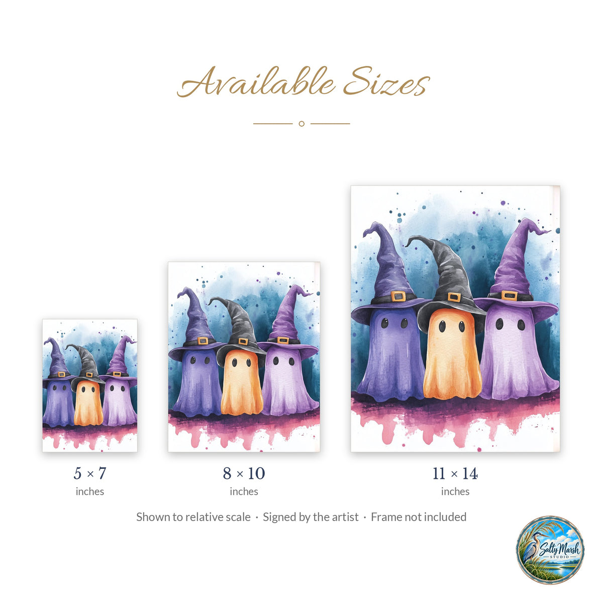 Witch Hat Ghost Trio art print size guide: 5x7, 8x10 and 11x14